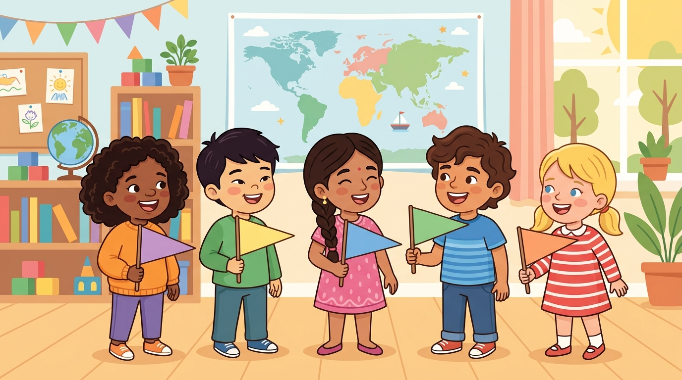 Five diverse children hold small colorful flag pennants together in a classroom